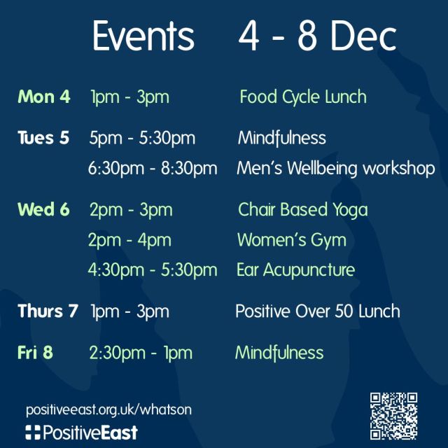 What's on at Positive East this week!

Mindfulness, lunches, workshops, yoga and more!  Visit our website for full details.

www.positiveeast.org.uk