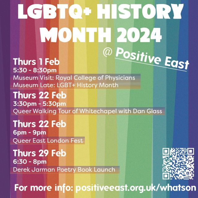It's LGBTQ+ History Month 2024! 
 
Join us as we celebrate the richness of our community and history. 

- 22 Feb, 3:30pm to 5:30pm, Queer Walking Tour of Whitechaple with @danglassmincer
- 22 Feb, 6pm to 9pm, Queer East London Fest with @elop_lgbt and Tower Hamlets LGBT Community Forum
- 29 Feb, 6:30pm to 8pm, A Finger in Derek Jarman's Mouth poetry book launch with @polaripress , @jonathanblake4921 and @simonmaddrell 

Please visit our website for more information. 

#lgbthistorymonth