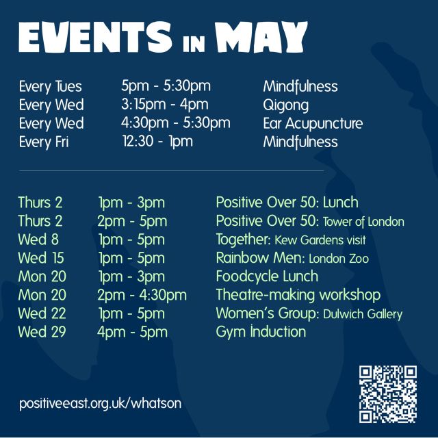 What's on in May at Positive East!

Groups, theatre-making workshops, outings and more!  We're also launching our new Qigong movement therapy every Wednesday at 3:15pm. 

Visit our website for more information www.positiveesat.org.uk